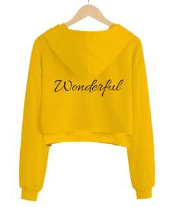 Sonsuzluk İşareti ve Yazı Baskılı Sarı Kadın Crop Hoodie Kapüşonlu Sweatshirt