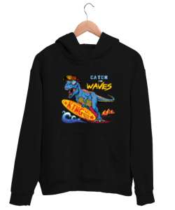 Sörf Yapan Dinazor Siyah Unisex Kapşonlu Sweatshirt