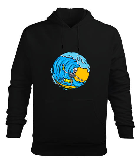 Sörf yapan iskelet tasarımı Siyah Erkek Kapüşonlu Hoodie Sweatshirt