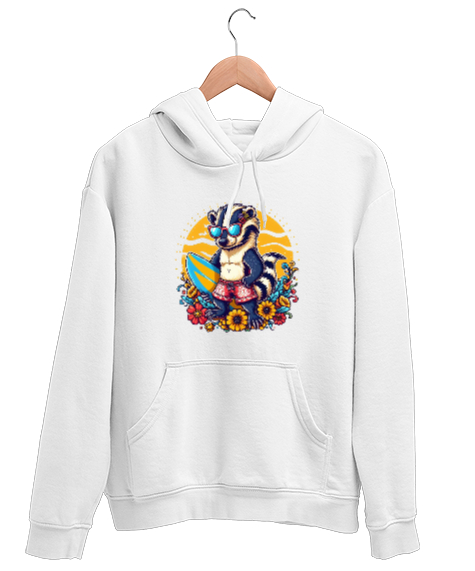 Tisho - sörfçü gözlüklü bal porsuğu Beyaz Unisex Kapşonlu Sweatshirt