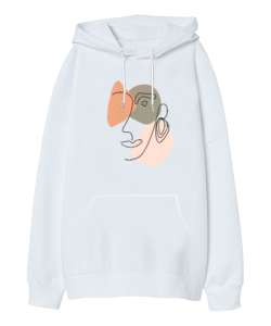 soyut yüz Beyaz Oversize Unisex Kapüşonlu Sweatshirt