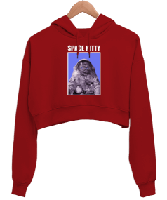 Space Kitty Kırmızı Kadın Crop Hoodie Kapüşonlu Sweatshirt