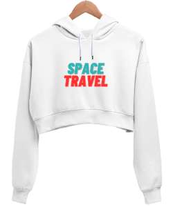 Space Travel Baskılı Beyaz Kadın Crop Hoodie Kapüşonlu Sweatshirt