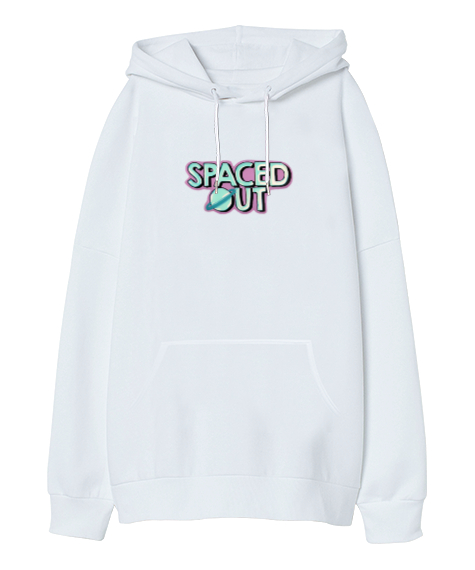 Spaced Out Yazılı Tasarımlı Beyaz Oversize Unisex Kapüşonlu Sweatshirt