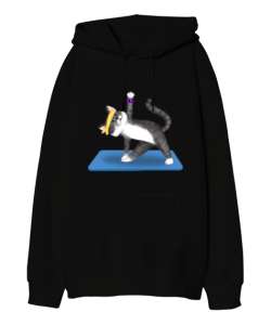 Spor Yapan Kedi Tasarımlı Siyah Oversize Unisex Kapüşonlu Sweatshirt