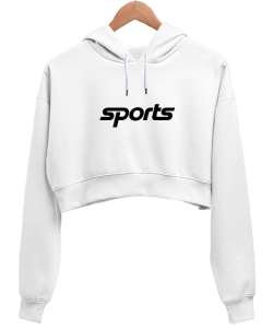 Sports Baskılı Beyaz Kadın Crop Hoodie Kapüşonlu Sweatshirt