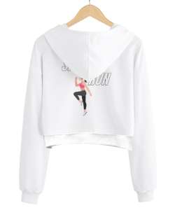 Sports Baskılı Beyaz Kadın Crop Hoodie Kapüşonlu Sweatshirt