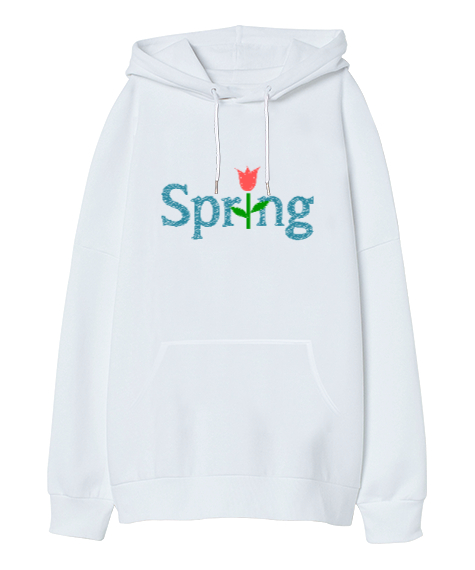 Spring - Bahar Beyaz Oversize Unisex Kapüşonlu Sweatshirt