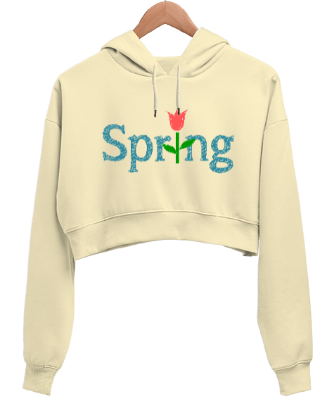 Spring - Bahar Krem Kadın Crop Hoodie Kapüşonlu Sweatshirt