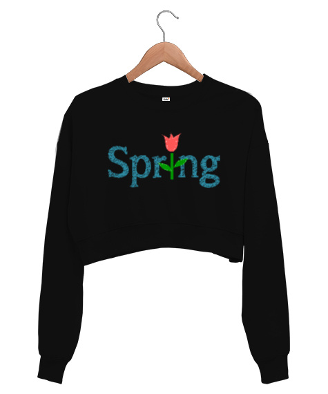 Spring - Bahar Siyah Kadın Crop Sweatshirt