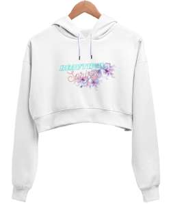 Springflower Beyaz Kadın Crop Hoodie Kapüşonlu Sweatshirt