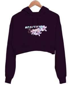 Springflower Koyu Mor Kadın Crop Hoodie Kapüşonlu Sweatshirt