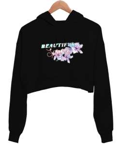 Springflower Siyah Kadın Crop Hoodie Kapüşonlu Sweatshirt