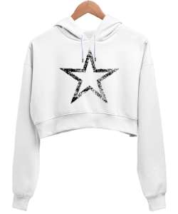 STAR Beyaz Kadın Crop Hoodie Kapüşonlu Sweatshirt