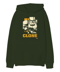 Star Wars Clone Wars Tasarım Baskılı Haki Yeşili Oversize Unisex Kapüşonlu Sweatshirt