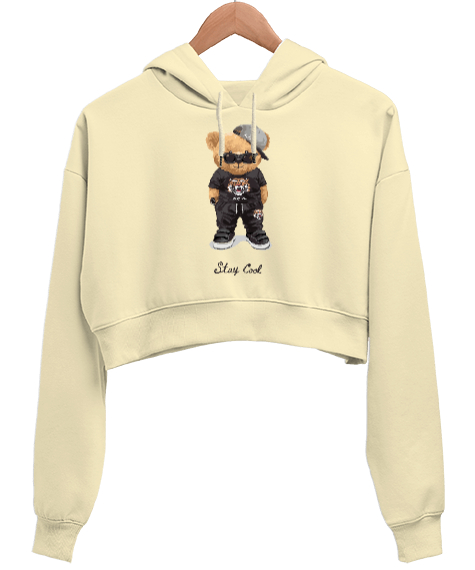 Stay Cool Baskili Krem Kadın Crop Hoodie Kapüşonlu Sweatshirt