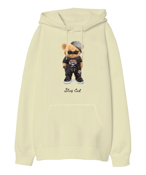 Stay Cool Baskili Krem Oversize Unisex Kapüşonlu Sweatshirt