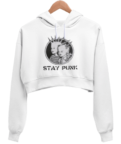 Stay Punk Rock Tasarım Baskılı Kadın Crop Hoodie Kapüşonlu Sweatshirt