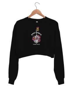 Stay True Tasarım Baskılı Siyah Kadın Crop Sweatshirt