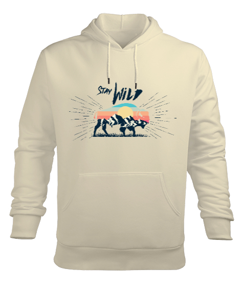 Stay Wild Buffalo Tasarım Baskılı Krem Erkek Kapüşonlu Hoodie Sweatshirt