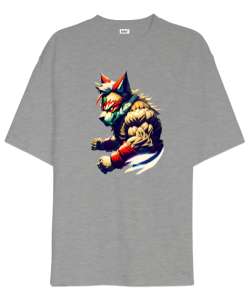 street figter wolf Gri Oversize Unisex Tişört