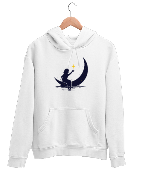 Tisho - Su Yüzeyindeki Hilal ve Yıldıza Uzanan Kız Beyaz Unisex Kapşonlu Sweatshirt