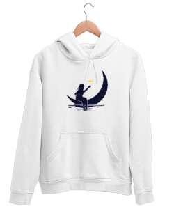 Su Yüzeyindeki Hilal ve Yıldıza Uzanan Kız Beyaz Unisex Kapşonlu Sweatshirt