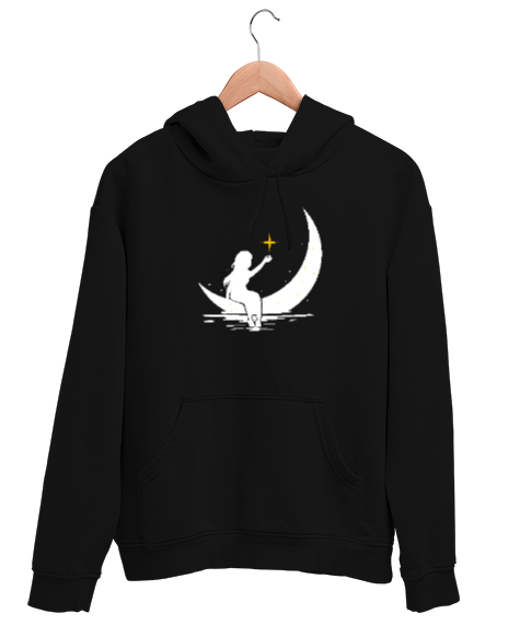 Tisho - Su Yüzeyindeki Hilal ve Yıldıza Uzanan Kız Siyah Unisex Kapşonlu Sweatshirt