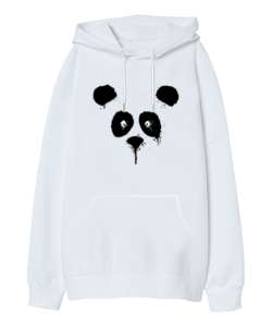 Suluboya Panda Beyaz Oversize Unisex Kapüşonlu Sweatshirt