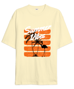 Summer Vibes Tasarım Baskılı Krem Oversize Unisex Tişört