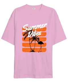 Summer Vibes Tasarım Baskılı Pembe Oversize Unisex Tişört