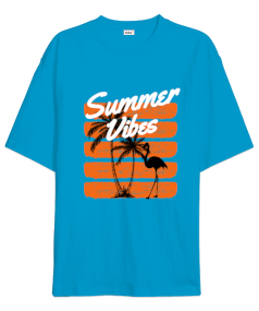 Summer Vibes Tasarım Baskılı Turkuaz Oversize Unisex Tişört