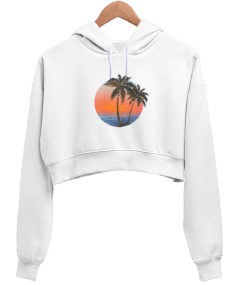 sunset beach Beyaz Kadın Crop Hoodie Kapüşonlu Sweatshirt