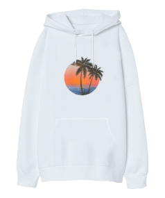 sunset beach Beyaz Oversize Unisex Kapüşonlu Sweatshirt