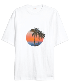 sunset beach Beyaz Oversize Unisex Tişört