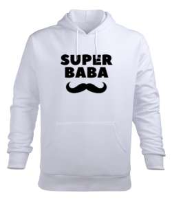 Süper Baba Bıyık Babalar Günü Özel Beyaz Erkek Kapüşonlu Hoodie Sweatshirt