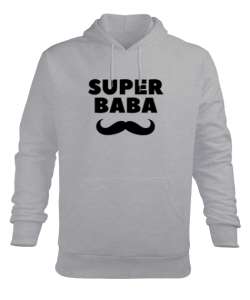 Süper Baba Bıyık Babalar Günü Özel Gri Erkek Kapüşonlu Hoodie Sweatshirt