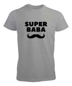 Süper Baba Bıyık Babalar Günü Özel Gri Erkek Tişört