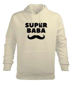 Süper Baba Bıyık Babalar Günü Özel Krem Erkek Kapüşonlu Hoodie Sweatshirt