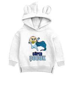 Süper Çocuk Beyaz Unisex Çocuk Ayı Hoodie Kapşonlu