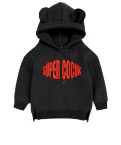 Süper Çocuk Siyah Unisex Çocuk Ayı Hoodie Kapşonlu