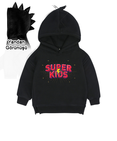 Tisho - Süper Çocuk - Süper Kid Siyah Çocuk Dinozor Kapşonlu Hoodie