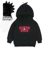 Süper Çocuk - Süper Kid Siyah Çocuk Dinozor Kapşonlu Hoodie - Thumbnail