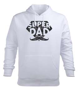 Super Dad - Süper Baba, Babalar Günü Baskılı Beyaz Erkek Kapüşonlu Hoodie Sweatshirt