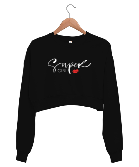 Tisho - Süper Kız - Super Girl V2 Siyah Kadın Crop Sweatshirt