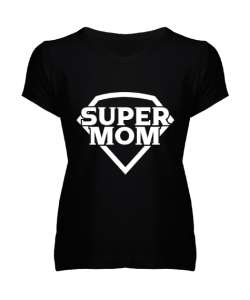 super mom siyah Siyah Kadın V Yaka Tişört