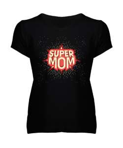 Super Mom - Süper Anne Siyah Kadın V Yaka Tişört