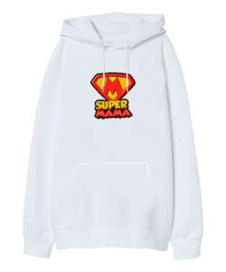 Supermama - Süper Anne Beyaz Oversize Unisex Kapüşonlu Sweatshirt