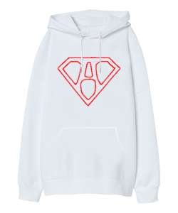 Supermen Logo A Harfi Beyaz Oversize Unisex Kapüşonlu Sweatshirt