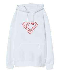 Supermen Logo C Harfi Beyaz Oversize Unisex Kapüşonlu Sweatshirt